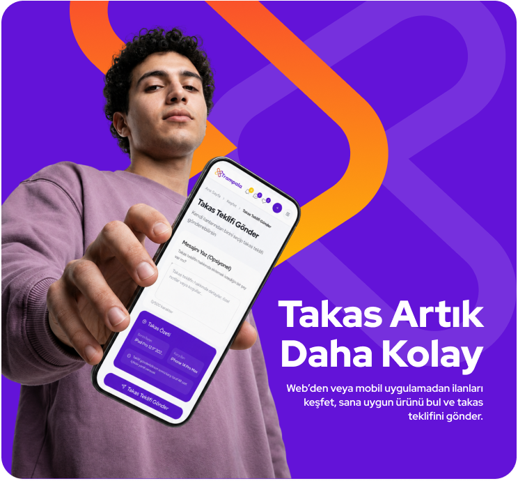 Takas Artık Daha Kolay. Web’den veya mobil uygulamadan ilanları keşfet, sana uygun ürünü bul ve takas teklifini gönder.